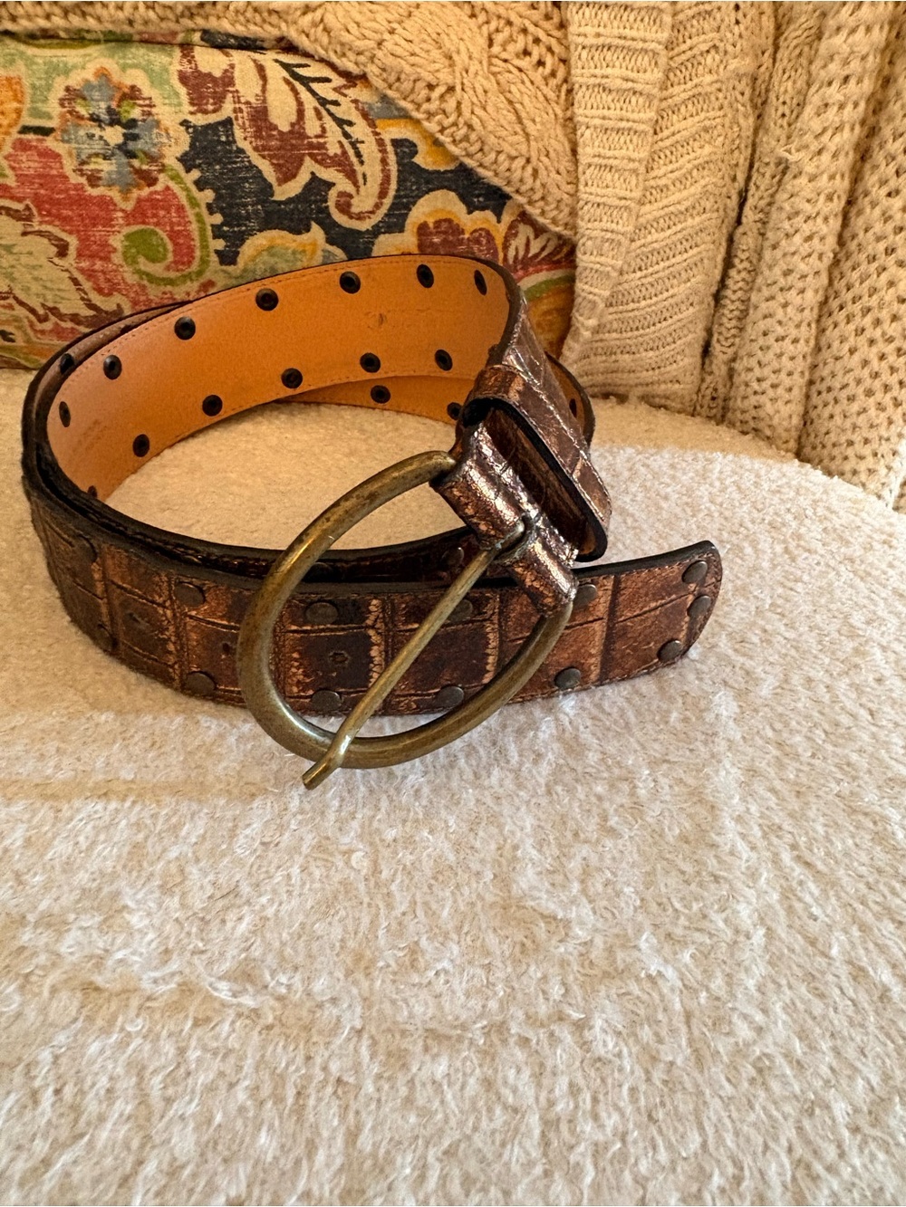 Harolds Brown Croc Embossed Leather Studded Belt Medium Bronze Metallic Western